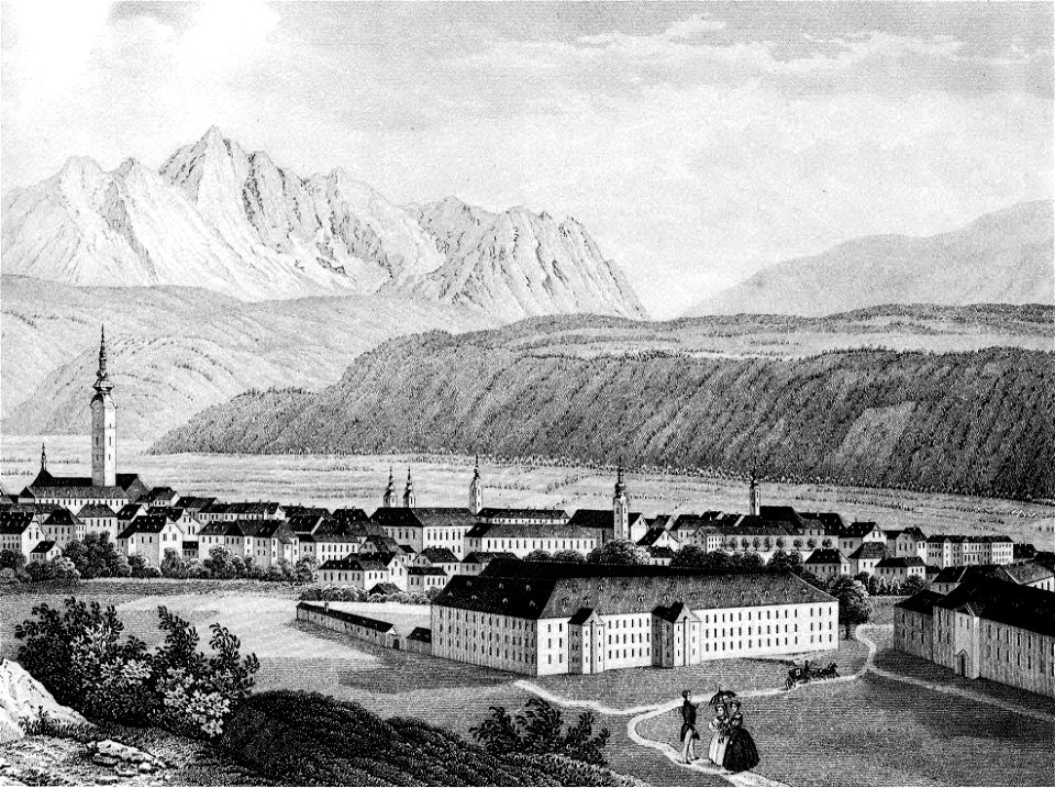 Klagenfurt Militärwaisenhaus und Feintuchfabrik Kupferstich etwa 1770
