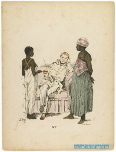 KITLV - 36C335 - Bray, Th. - Petit - Plantation director with house maid and houseboy - Colour lithography - 1850