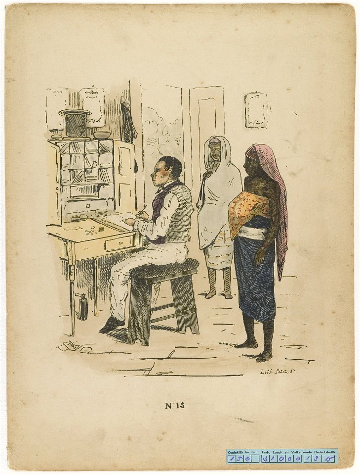 KITLV - 36C343 - Bray, Th. - Petit - Clerk of the Administrator paying the weekly maternity benefit to a mother and a pregnant woman - Colour lithography - 1850