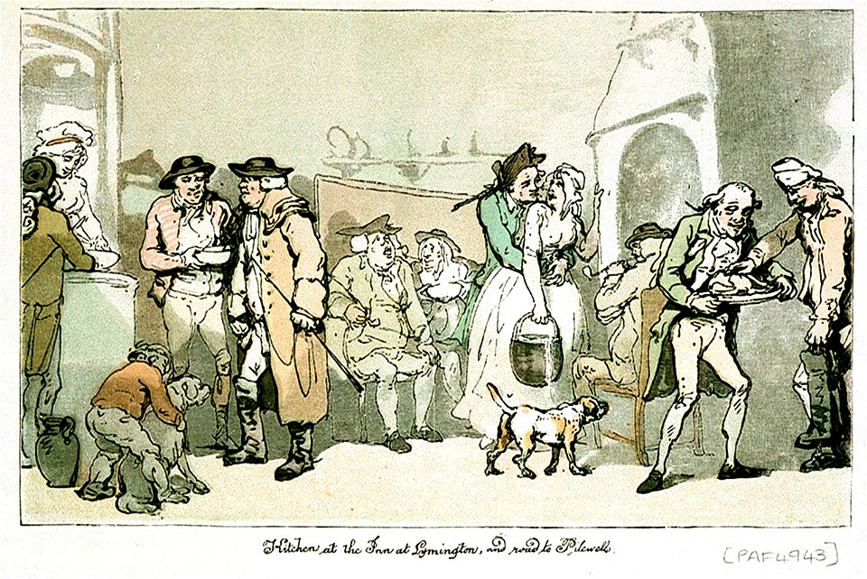 Kitchen at the Inn at Lymington, and road to Pilewell (caricature) RMG PW4943