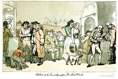 Kitchen at the Inn at Lymington, and road to Pilewell (caricature) RMG PW4943
