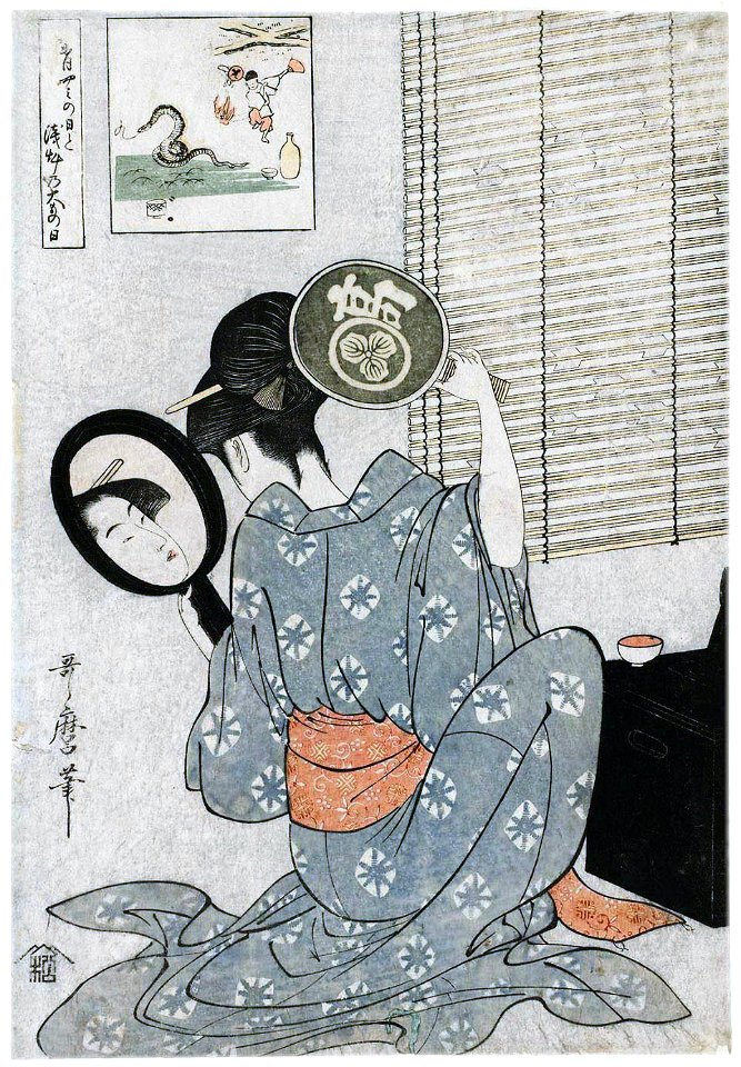 Kitagawa Utamaro - Takashima Ohisa Using Two Mirrors to Observe Her Coiffure Night of the Asakusa Marketing Festival - MFA Boston 21.6410FXD