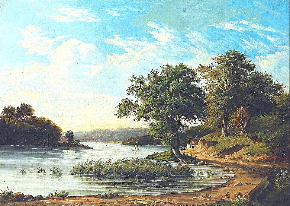 Frederik Christian Kiærskou - Parti fra sø med sejlbåde samt figurer ved et hus