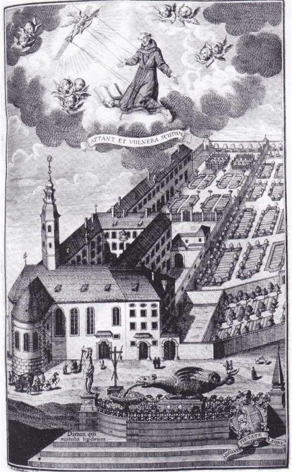 Klagenfurt, Vogelschau des Franziskanerklosters gegen Süden - 1740