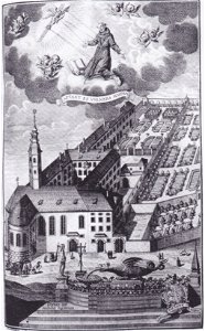 Klagenfurt, Vogelschau des Franziskanerklosters gegen Süden - 1740