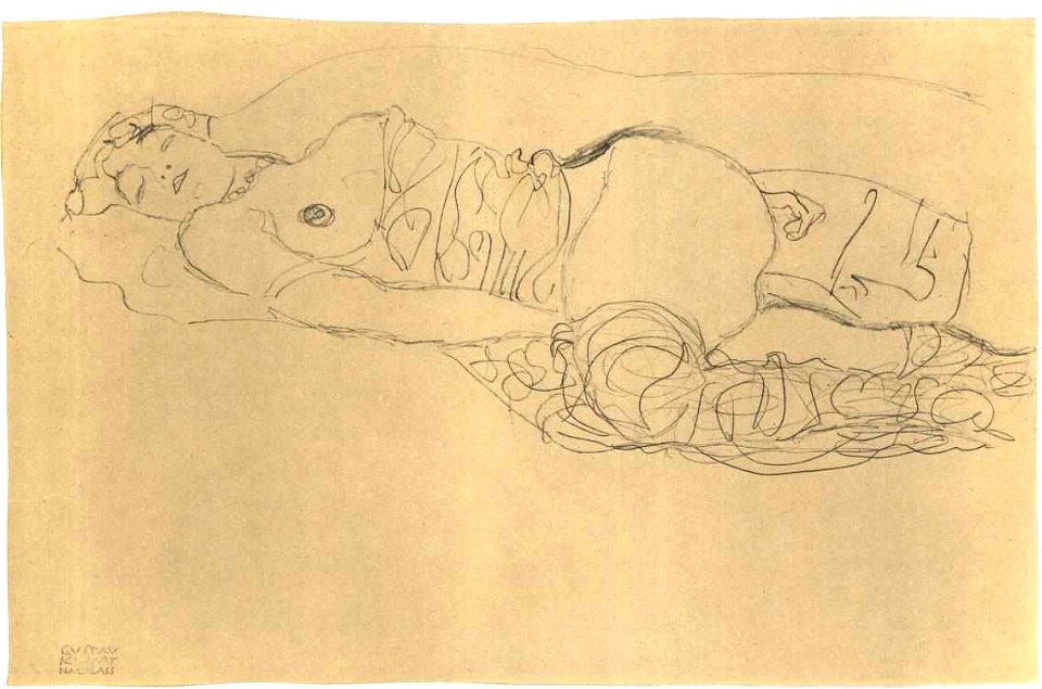 Klimt - Liegender Halbtakt nach links mit angezogenen Schenkel