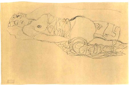 Klimt - Liegender Halbtakt nach links mit angezogenen Schenkel