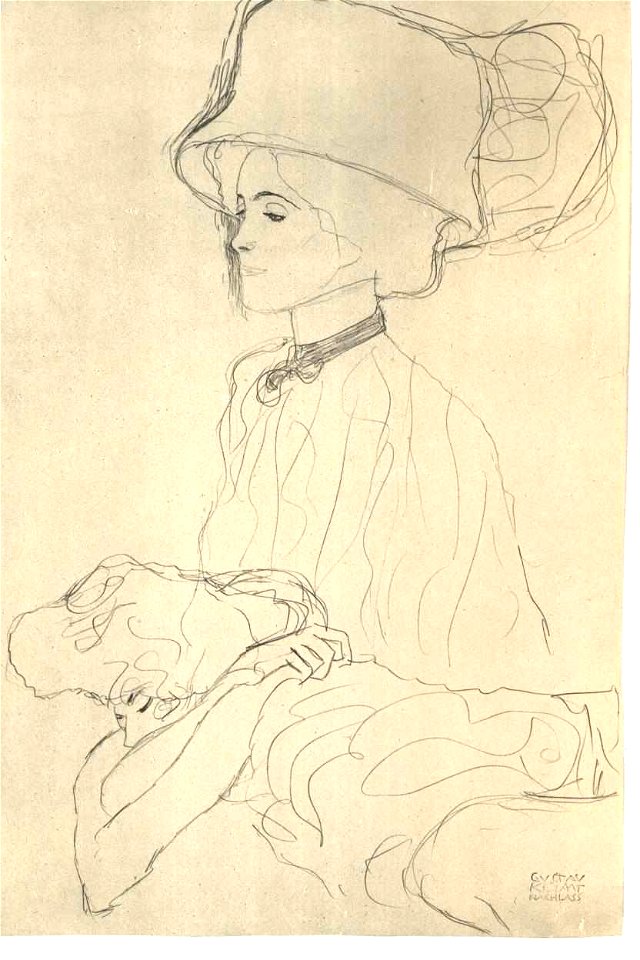 Klimt - Bildnisstudie mit hohen Hut und liegender Frau