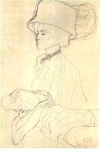 Klimt - Bildnisstudie mit hohen Hut und liegender Frau