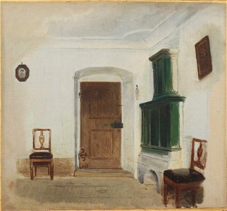 Ludwig Knaus - Interieur mit grünem Kachelofen