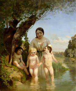 Ludwig Knaus - Mutter mit drei Kindern am Fluss. Free illustration for personal and commercial use.