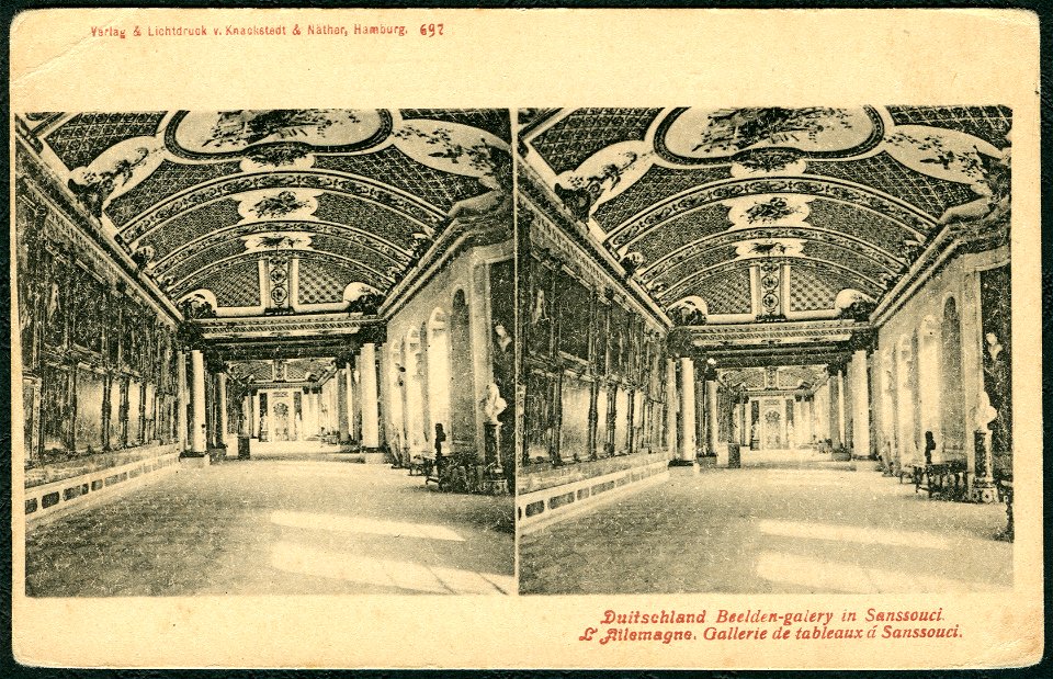 Knackstedt & Näther Stereoskopie 0697 Duitschland, Beelden-galery in Sanssouci. L`Allemagne, Gallerie de tableaux à Sanssouci, Bildseite mit der Gemäldegalerie, Beschriftung niederländisch und französisch