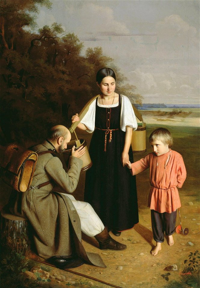 Алексей М. Колесов - Крестьянка, подающая солдату пить (1859)
