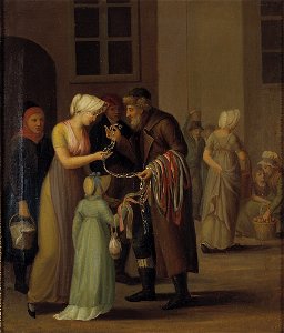 KMS 3007 Ubekendt - Gadescene i København ved år 1800. Piskebåndsjøden sælger en knipling til en ung pige - KMS3007 - Statens Museum for Kunst