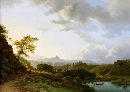 Barend Cornelis Koekkoek - Een panoramische zomer landschap met reizigers en een kasteelruïne in de verte. Free illustration for personal and commercial use.