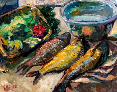 Broncia Koller-Pinell - Still life with three fish. Free illustration for personal and commercial use.