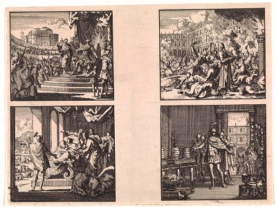 Koning Agrippa ziet een uil boven zijn troon - Koning Agrippa sterft omgeven door hovelingen - Overrompeling van de tempel door de soldaten van Pompeius - Pompeius neemt de tempel te Jeruzalem in