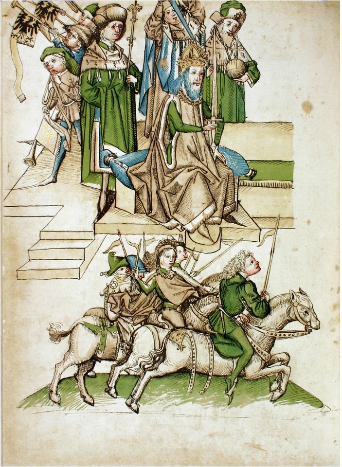 Konstanzer Richental Chronik Belehnung des Burggrafen Friedrich von Nürnberg mit der Mark Brandenburg, Sigmund auf einem Podest 74v
