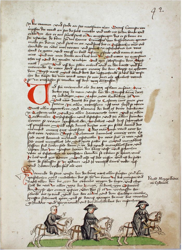 Konstanzer Richental Chronik Herzog Friedrich von Österreich folgt dem fliehenden Papst Johannes XXIII 42r