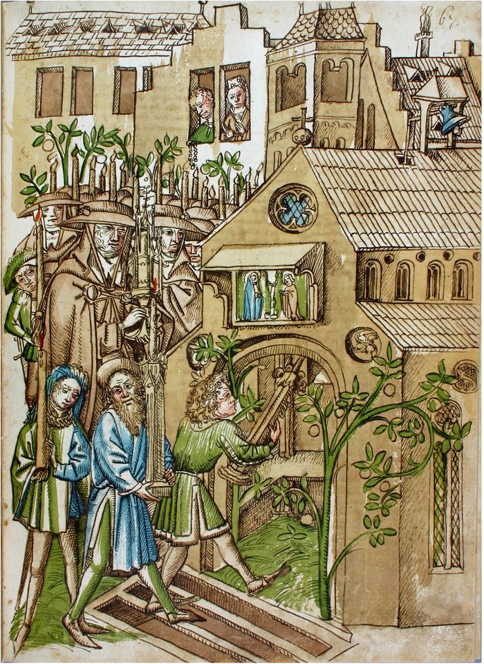 Konstanzer Richental Chronik Fest der Florentiner Geldwechsler an Sankt Johannes, Festteilnehmer betreten Kirche St Johann 67r