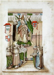 Konstanzer Richental Chronik Dem Papst wird von zwei Bischöfen die Tiara aufgesetzt 103r. Free illustration for personal and commercial use.