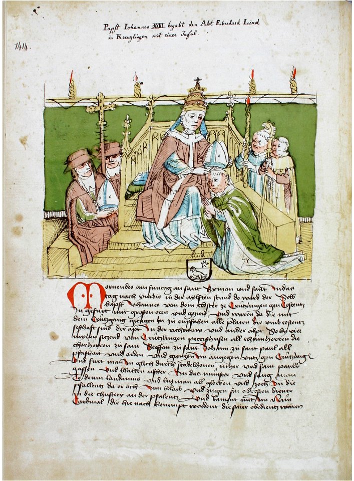 Konstanzer Richental Chronik Der thronende Papst setzt dem Kreuzlinger Abt die Inful auf 9v