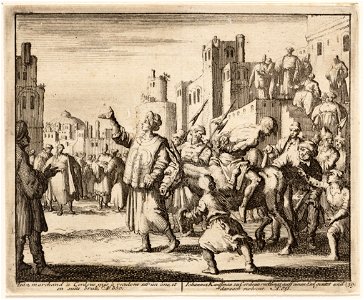 Koopman te Cordovan Johannes wordt ter bespotting achterstevoren op een ezel door de stad gevoerd, objectnr A 41878