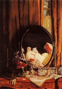Konstantin Somov - intimate-reflection-in-the-mirror-on-the-dressing-table. Free illustration for personal and commercial use.