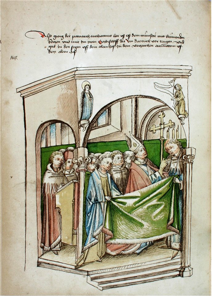 Konstanzer Richental Chronik Der Patriarch von Antiochien tritt aus dem Münster und erteilt den Segen 86v