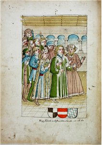 Konstanzer Richental Chronik Unterwerfung Herzog Friedrichs von Österreich, Friedrich wird vor den König geführt 46v