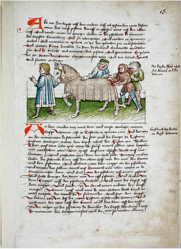 Konstanzer Richental Chronik Streit um das Pferd des Papstes 13r