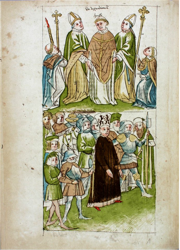 Konstanzer Richental Chronik Verbrennung des Magisters Johannes Hus, Hus wird seiner priesterlichen Würde entkleidet und aus der Stadt geführt 57v