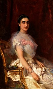 Konstantin Egorovic Makovskij, Porträt einer eleganten Dame mit Fächer, 1883. Oil on canvas, 121 x 74 cm