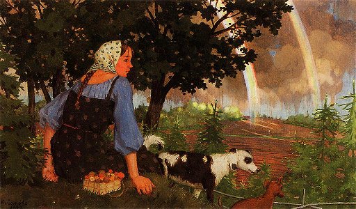 Konstantin Somov - the-girl-with-the-mushroom-under-the-rainbow