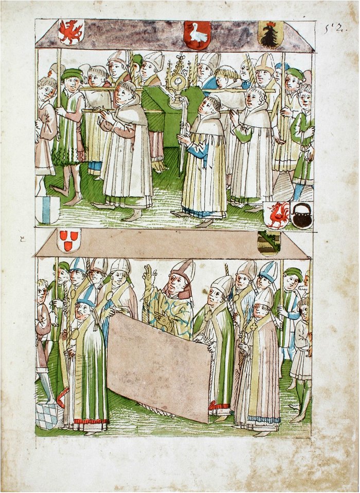 Konstanzer Richental Chronik Fronleichnamsprozession Allerheiligstes unter Baldachin, Patriarch von Konstantinopel 52r
