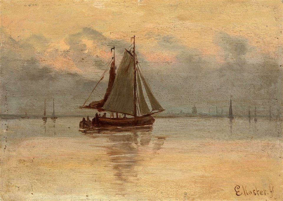 Everhardus Koster - Sailboats in front of city skyline