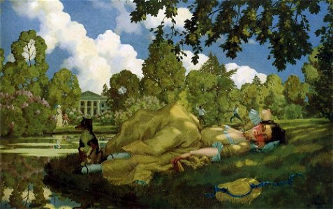 Konstantin Somov - sleeping-young-woman-in-park. Free illustration for personal and commercial use.