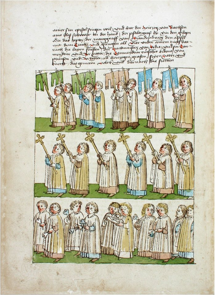 Konstanzer Richental Chronik Fronleichnamsprozession Fahnentragende Schüler und Kleriker, kreuztragende Kleriker, glöckchentragende Kleriker 49v
