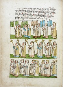 Konstanzer Richental Chronik Fronleichnamsprozession Fahnentragende Schüler und Kleriker, kreuztragende Kleriker, glöckchentragende Kleriker 49v
