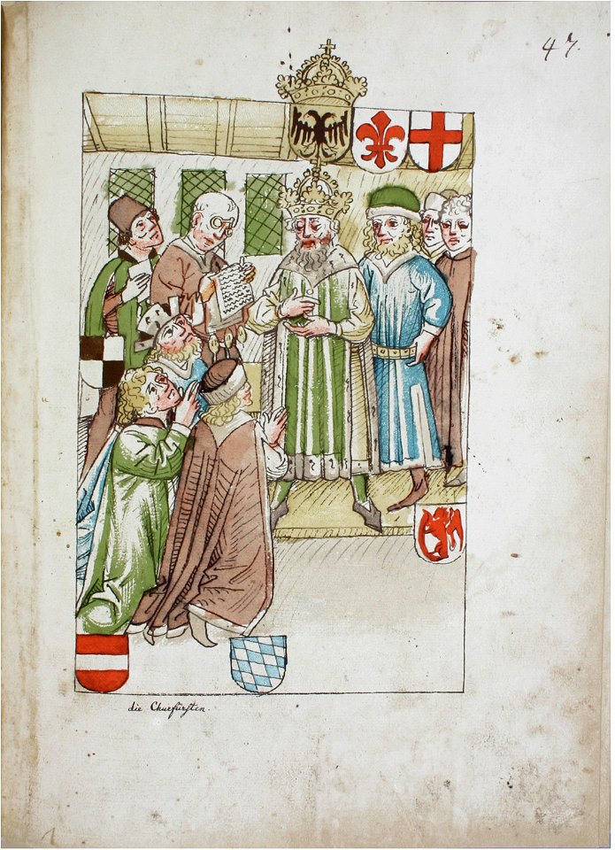 Konstanzer Richental Chronik Der König verleiht das Herzogtum Mailand, Herzog Friedrich und Begleiter knien von dem König 47v