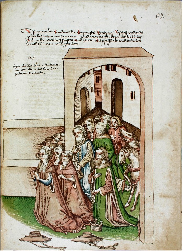 Konstanzer Richental Chronik Kardinäle, König, geistliche und weltliche Herren empfangen des Segen des Patriarchen von Antiochien auf dem Münsterhof 87r