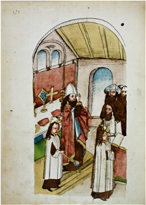 Konstanzer Richental Chronik Gottesdienst der Griechisch-Orthodoxen, Szene aus dem Gottesdienst, Segen des Bischofs 120v