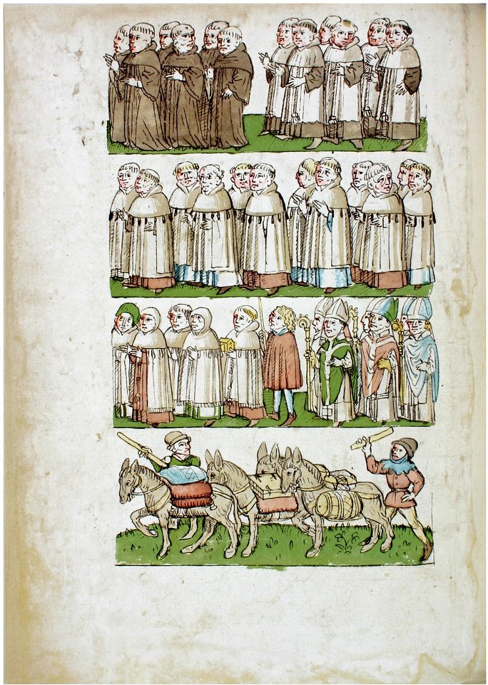 Konstanzer Richental Chronik Einzug des Papsts, Benediktiner und Regular-Kanoniker, Domherren, Mönche, sechs Äbte, Packpferde 11v