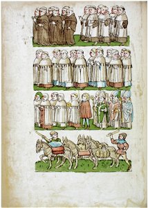 Konstanzer Richental Chronik Einzug des Papsts, Benediktiner und Regular-Kanoniker, Domherren, Mönche, sechs Äbte, Packpferde 11v