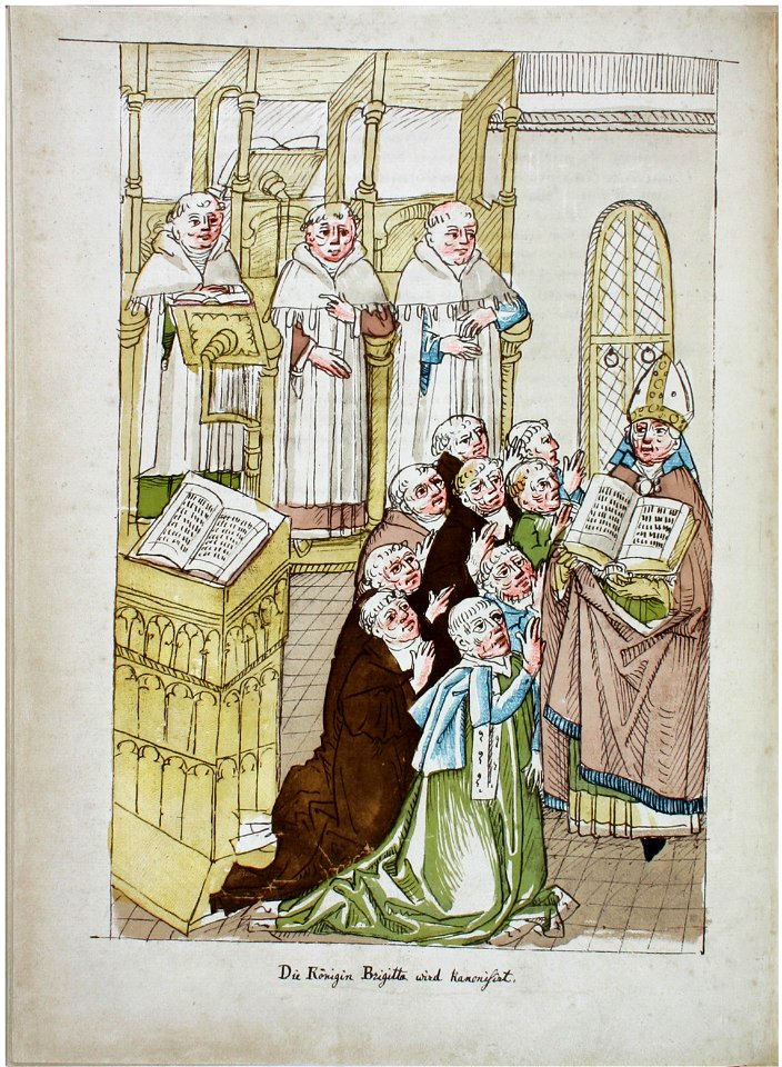 Konstanzer Richental Chronik Heiligsprechung der Heiligen Brigitta von Schweden, Neun Doktoren beschwören ide Heiligkeit der Königin 32v