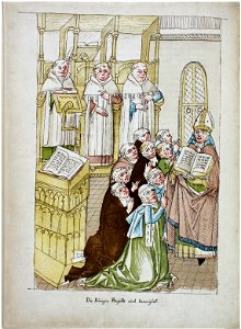Konstanzer Richental Chronik Heiligsprechung der Heiligen Brigitta von Schweden, Neun Doktoren beschwören ide Heiligkeit der Königin 32v