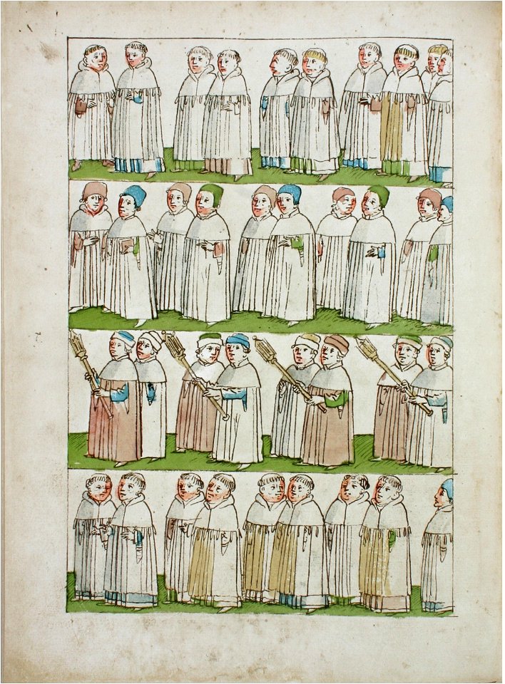 Konstanzer Richental Chronik Fronleichnamsprozession Chorherren, Doktoren, Zeichenträger von vier Hochschulen, Domherren 50v