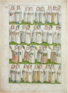 Konstanzer Richental Chronik Fronleichnamsprozession Chorherren, Doktoren, Zeichenträger von vier Hochschulen, Domherren 50v
