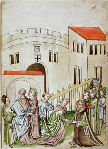 Konstanzer Richental Chronik Die Mitglieder des Konklaves betreten das Kaufhaus, König Sigmund versbschiedet sich 93r