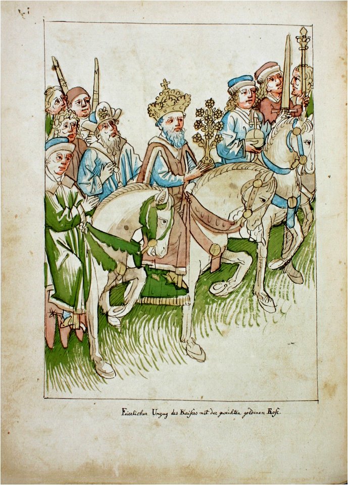 Konstanzer Richental Chronik Verleihung der goldenen Rose, König Sigmund trägt die goldene Rose durch die Stadt 38v